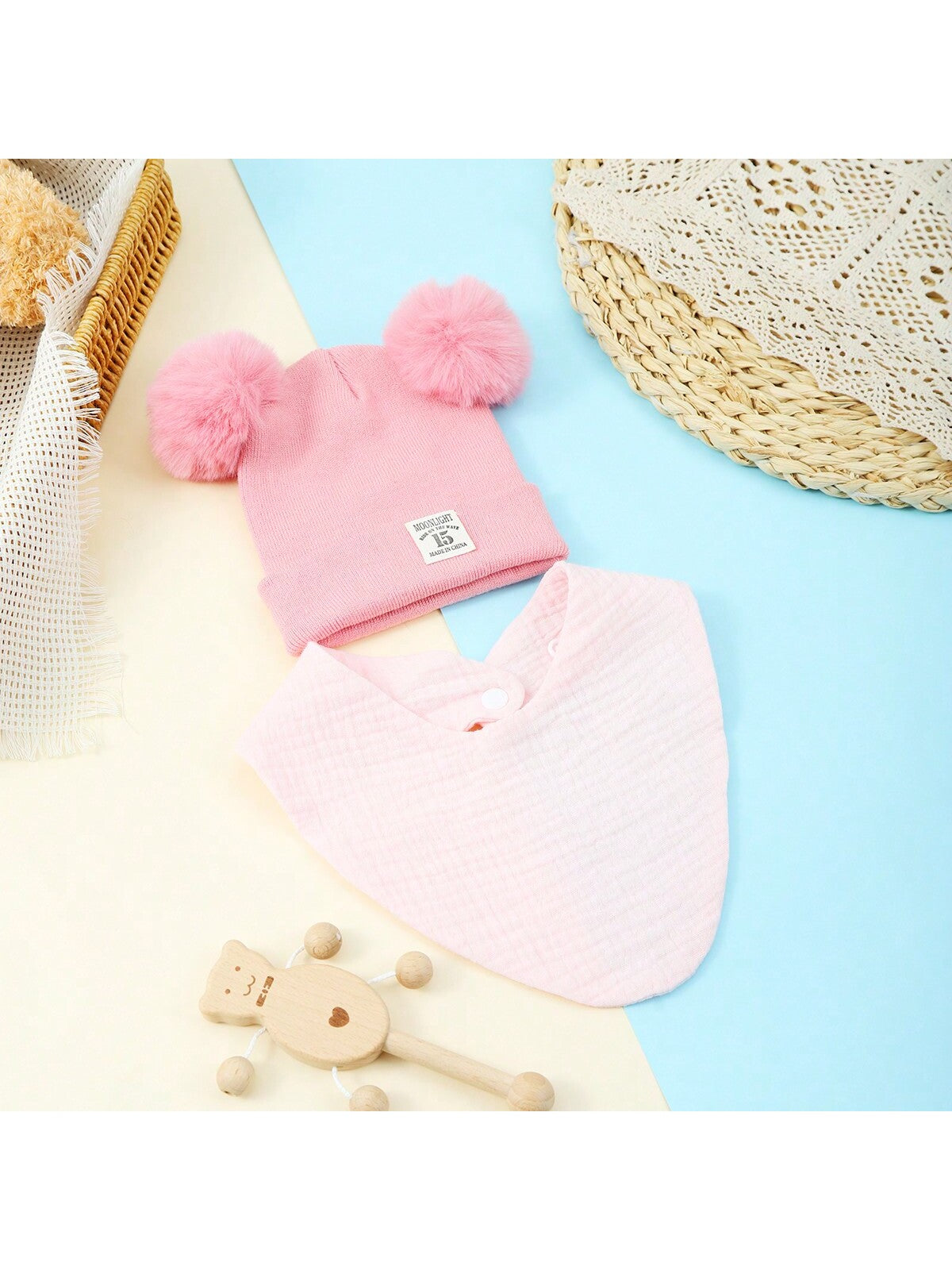 2pcs/Set Baby Double Pom Pom Knitted Hat & Bib Set, Infant Muslin Triangular Drool Bibs