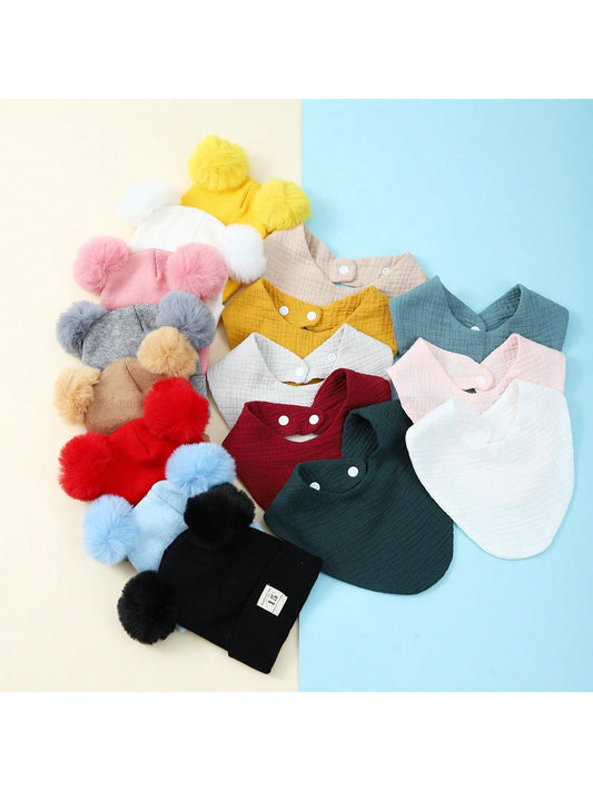 2pcs/Set Baby Double Pom Pom Knitted Hat & Bib Set, Infant Muslin Triangular Drool Bibs
