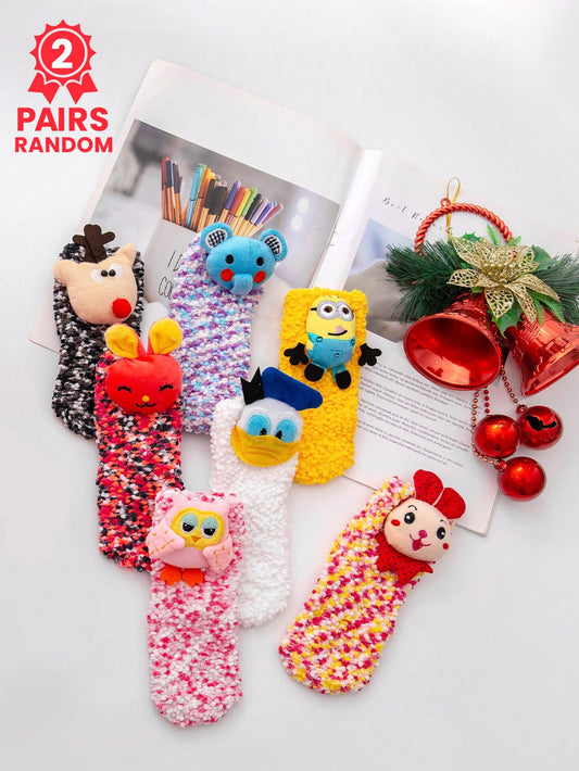 1/2 Pair Kids Girls/Boys Cartoon Short Socks, Minions/Donald Duck Cute Doll Pattern, Trendy Versatile, Soft Comfortable For Home, Sleep, Casual Wear, Suitable For Holiday Gifts/Parties And Winter Daily Outfits (Random 2 Pairs)