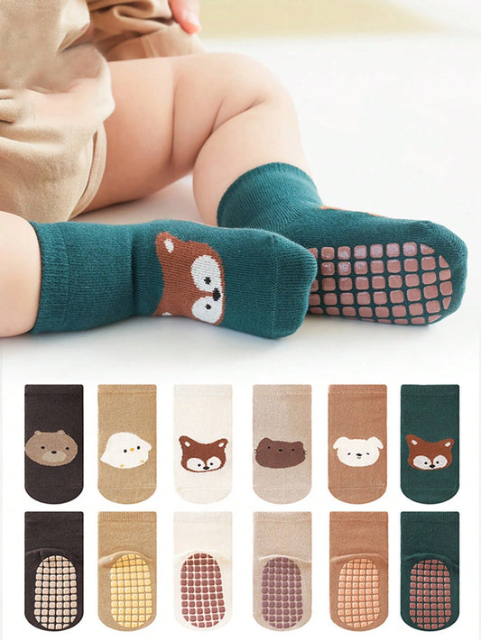 6 Pairs Cartoon Animal Print Dot-Grip Baby Toddler Anti-Slip Indoor Soft Sole Slipper Socks, For Casual Daily Wear, Unisex