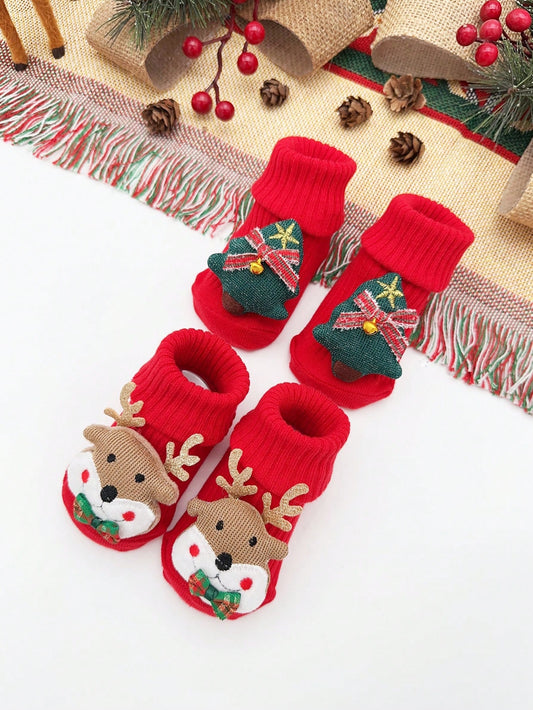 2 Pairs Infant Baby Christmas Socks With Deer & Bell Decor, Red, Suitable For Newborns Wear During Christmas And New Year