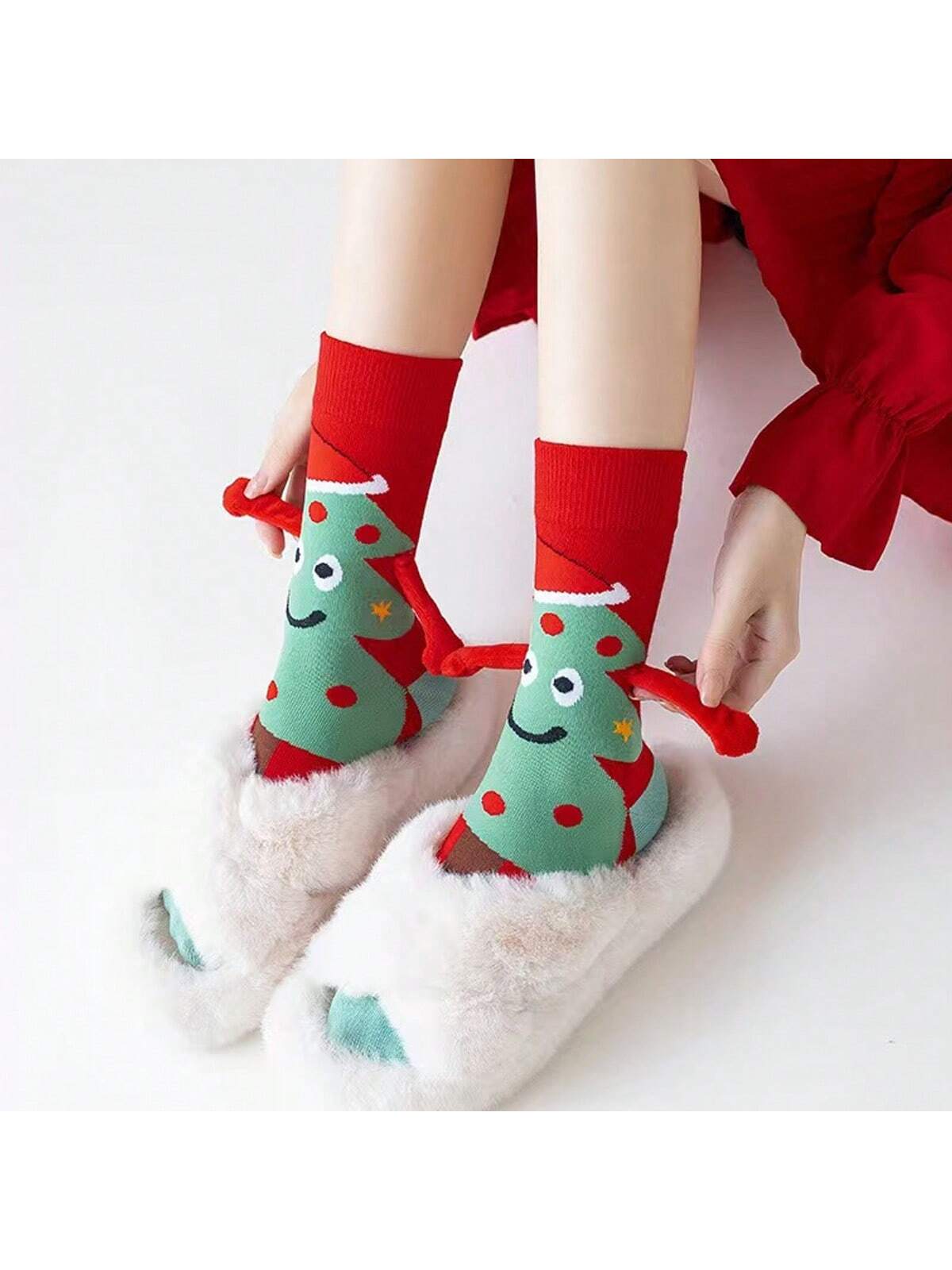 2 Pairs Women's Christmas Pattern Red & White Santa Claus Reindeer Ears Comfortable Crew Socks, Fashionable For Christmas Party And Everyday
