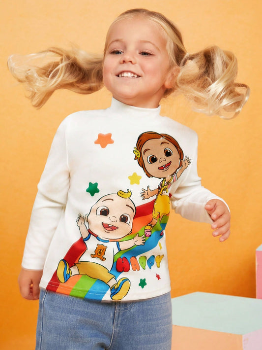 CoComelon X  Young Girl Cartoon Character & Rainbow Star Print Cute Cozy Mock Neck Long Sleeve T-Shirt