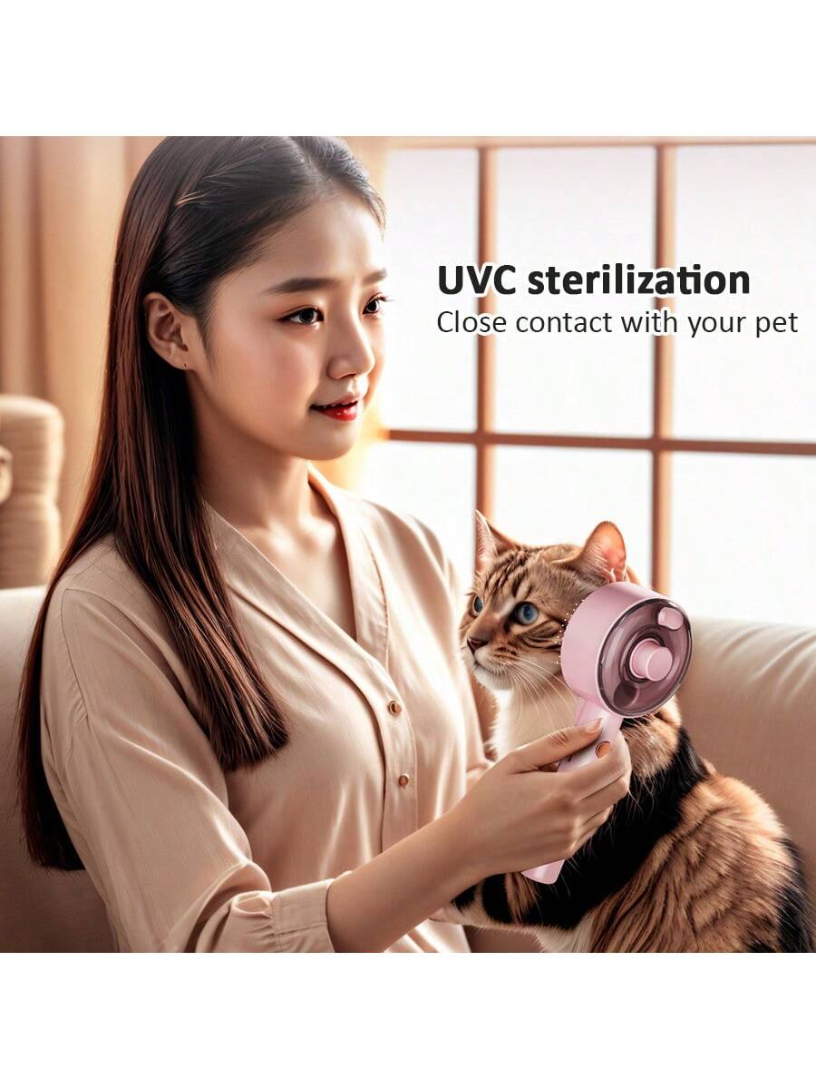 1pc, Spray Hair Removal Comb For Cats And Dogs, Multifunctional Pet Hair Cleaner, UV Sterilization Deep Cleaning Pet Hair Brush, Stainless Steel Comb For Cats And Dogs, Non-Slip Hair Comb, Coconut Oil No-Clean Serum Spray, USB Charging, White/Pink Fashio