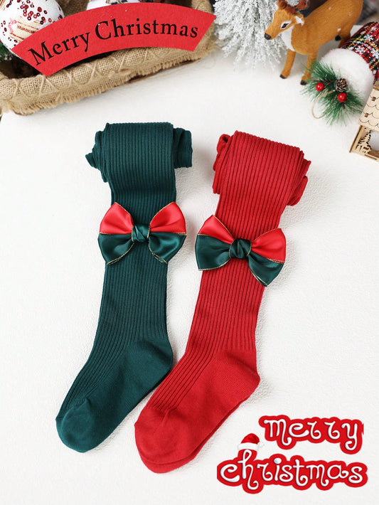 2pcs Girls' Solid Color Christmas Decoration Tights Pantyhose, Warm For Autumn/Winter, Thanksgiving, Christmas & New Year