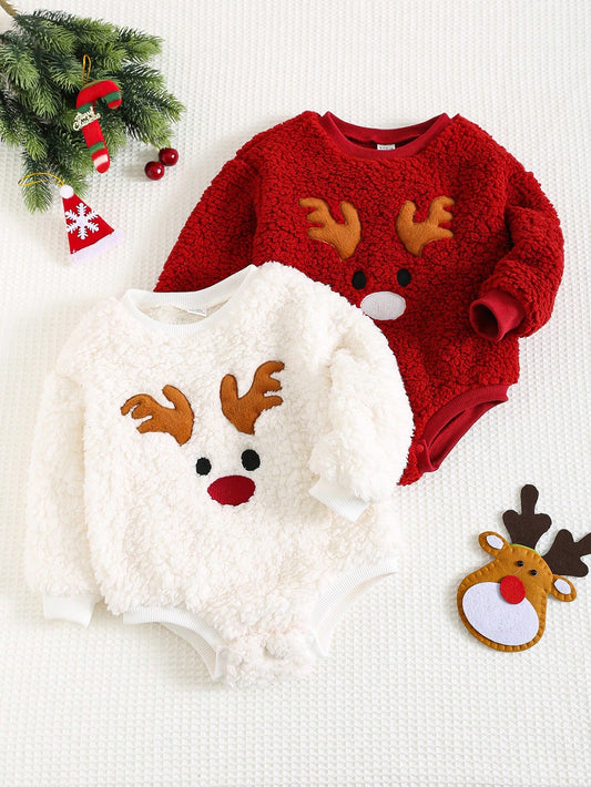 2pcs Baby Boy Christmas Deer 3D Graphic Loose Fit Flannel Romper, Casual Outfit Clothes For Autumn/Winter, Indoor & Outdoor