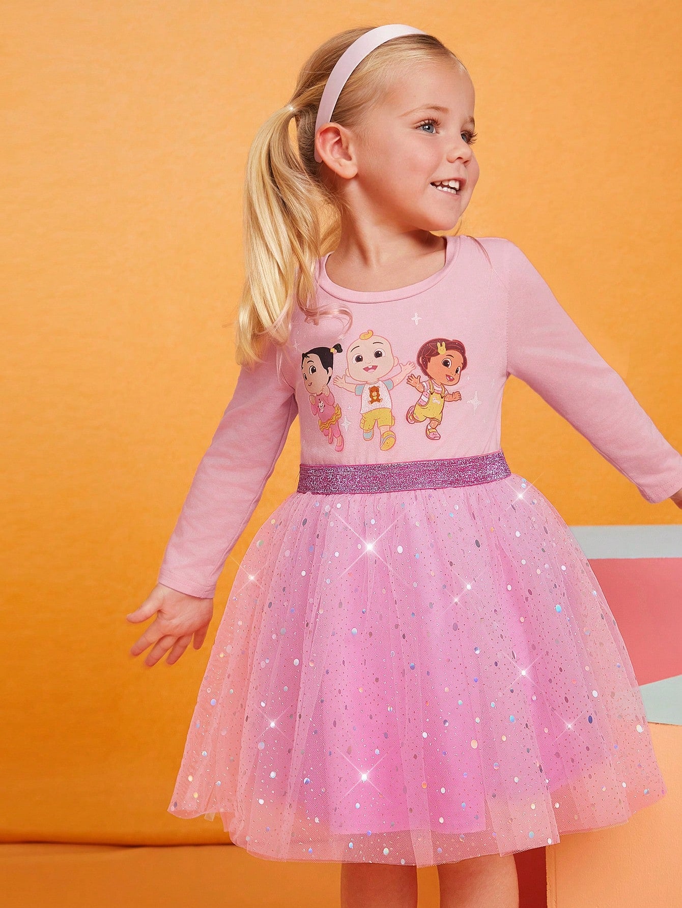 CoComelon X  Young Girl Cartoon Best Friend Print Gradient Mesh Adorable Sweet Pink Long Sleeve Dress,Vacation Party Casual A-Line Dress, Suitable For Birthday Gift, Party, Banquet, Christmas Party, Casual Daily Life, Stage Show