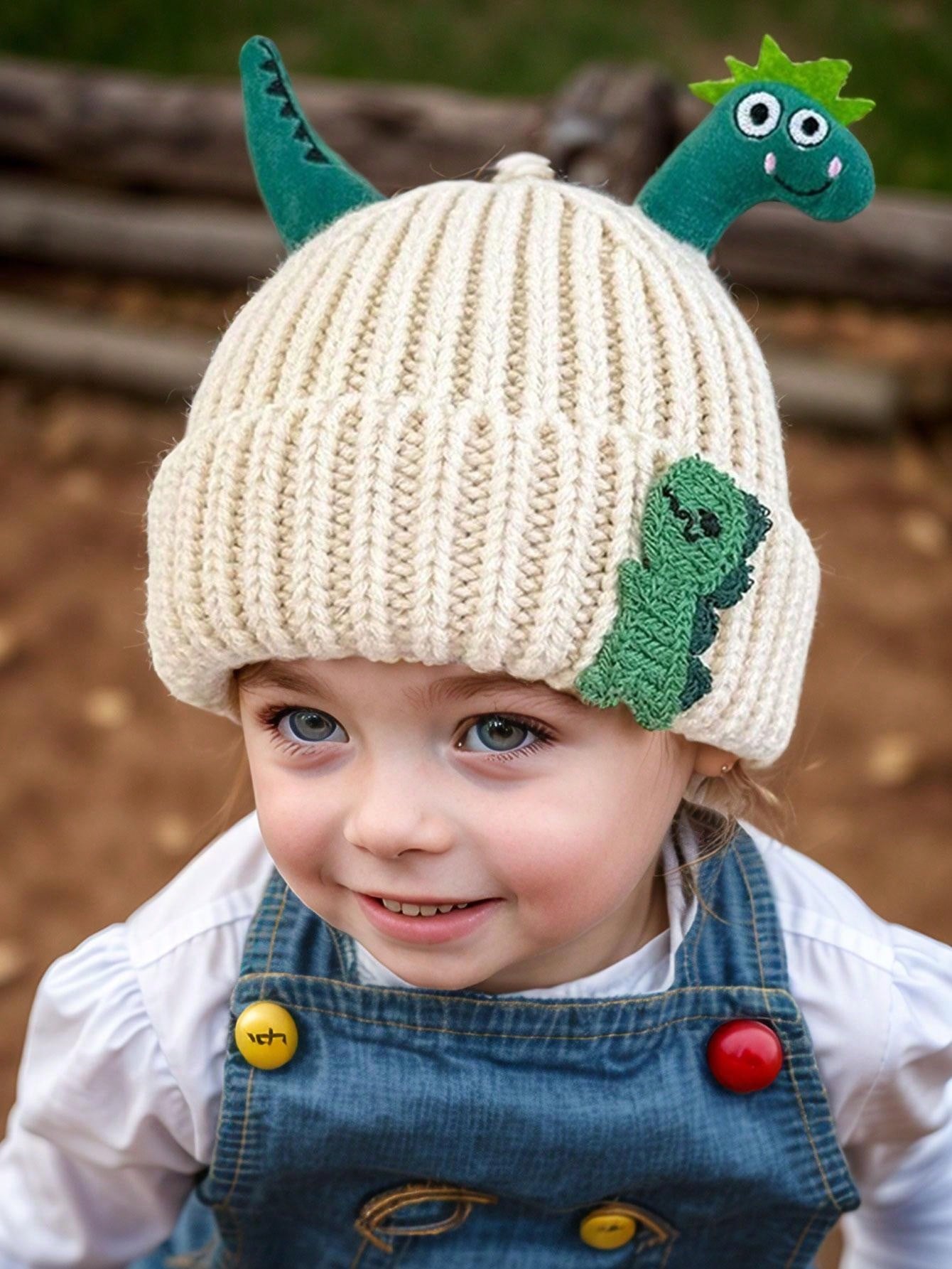 Kids Knitted Beanie Hat With Cute Dinosaur Doll Design, Warm & Soft Knitted Infant Cap For Autumn & Winter, Suitable For Boys And Girls, Popular Knitted Hat For Babies