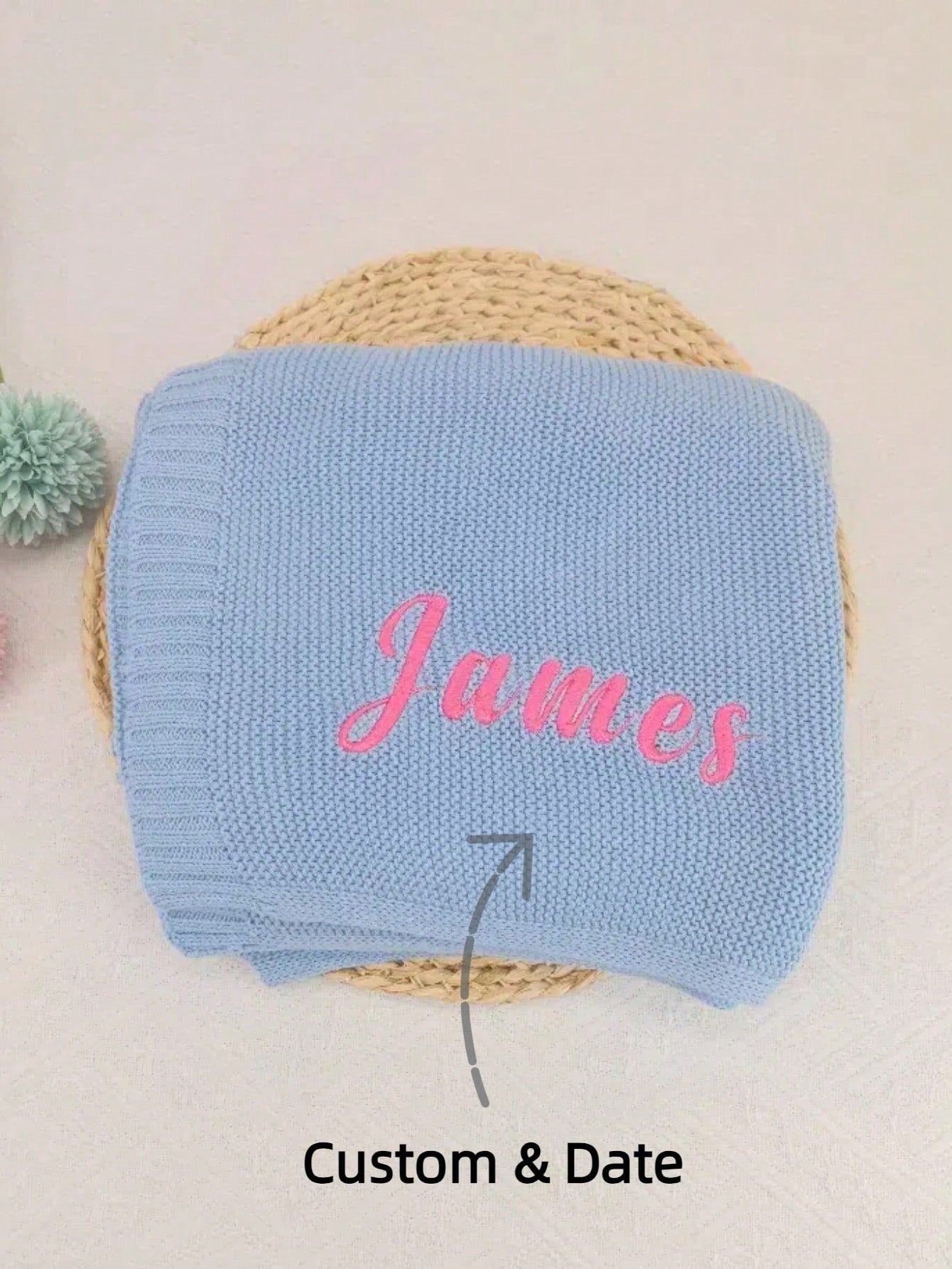 Customized Embroidered Name Knit Baby Blanket, 100cm X 80cm, Beige Baby Shower Family Decorations Gifts