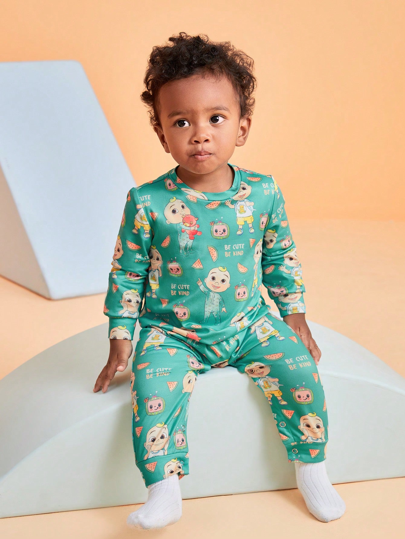 CoComelon X  2pcs Baby Boy Cartoon Print Knitted Round Neck Jumpsuit , Autumn/Winter
