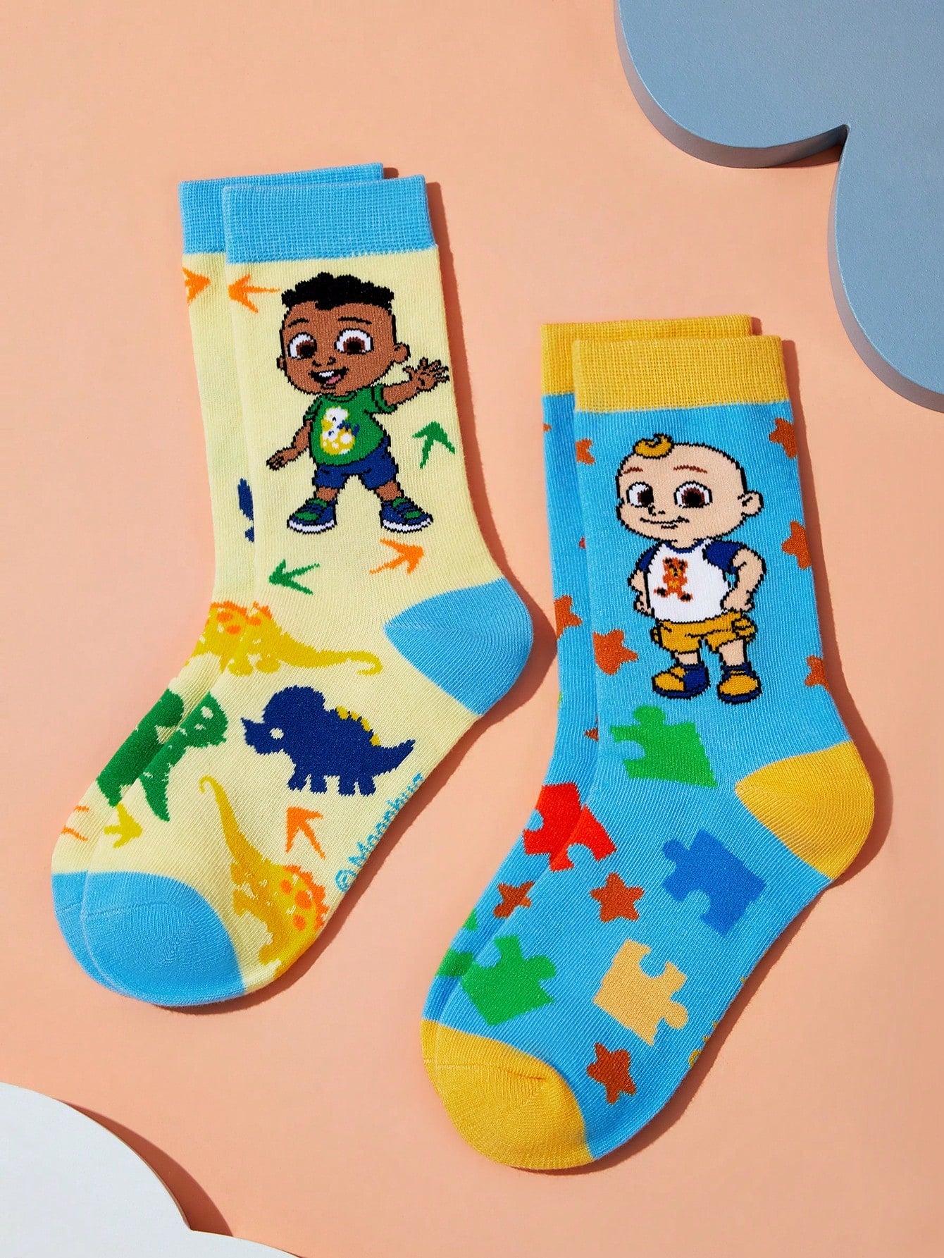 CoComelon X  2pairs Kids Cartoon Dinosaur & Puzzle Pattern Color Block Long Socks