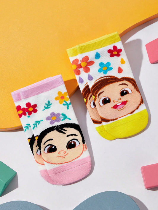CoComelon X  2 Pairs Cute Cartoon Character & Floral Pattern Contrast Color Kids Socks