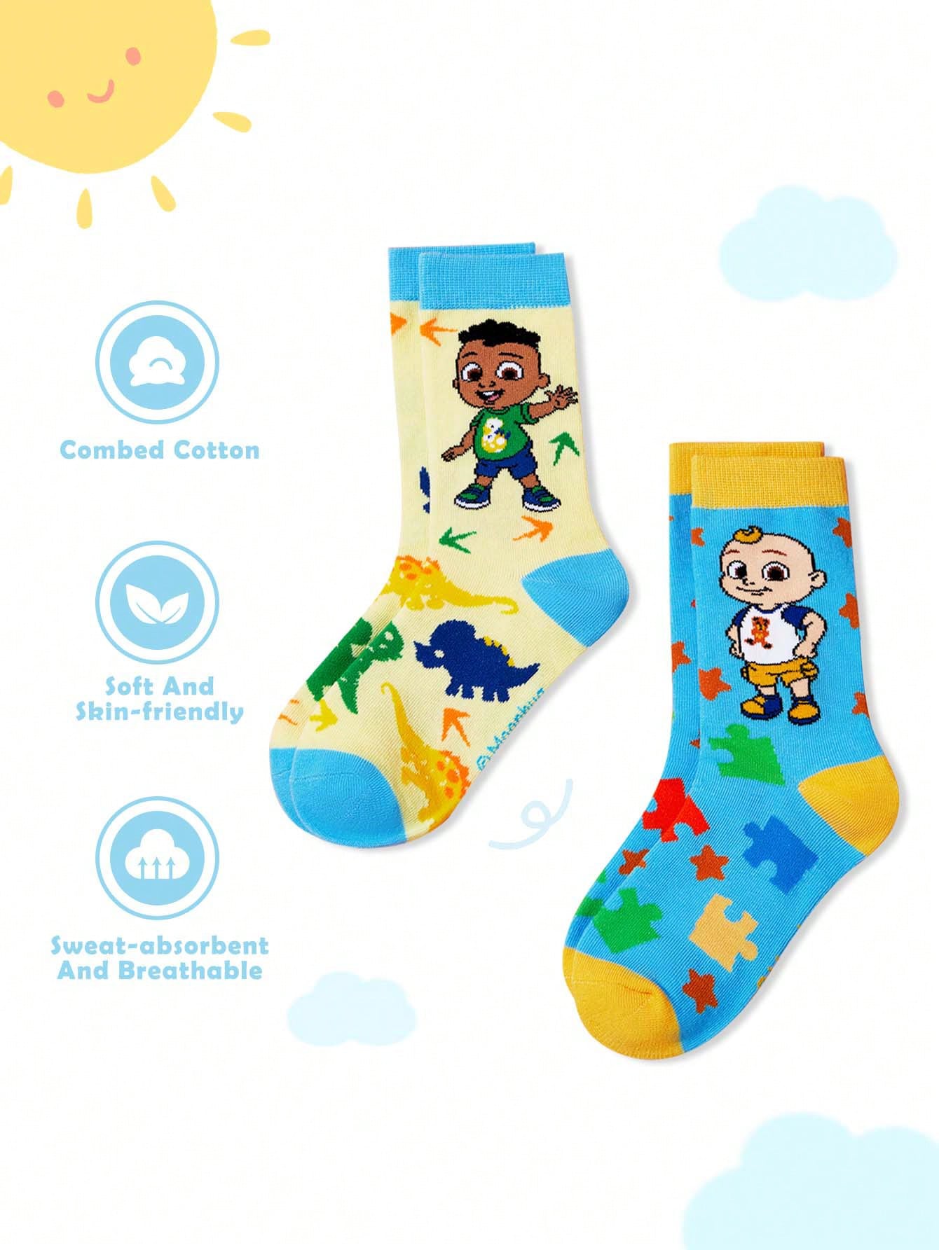 CoComelon X  2pairs Kids Cartoon Dinosaur & Puzzle Pattern Color Block Long Socks