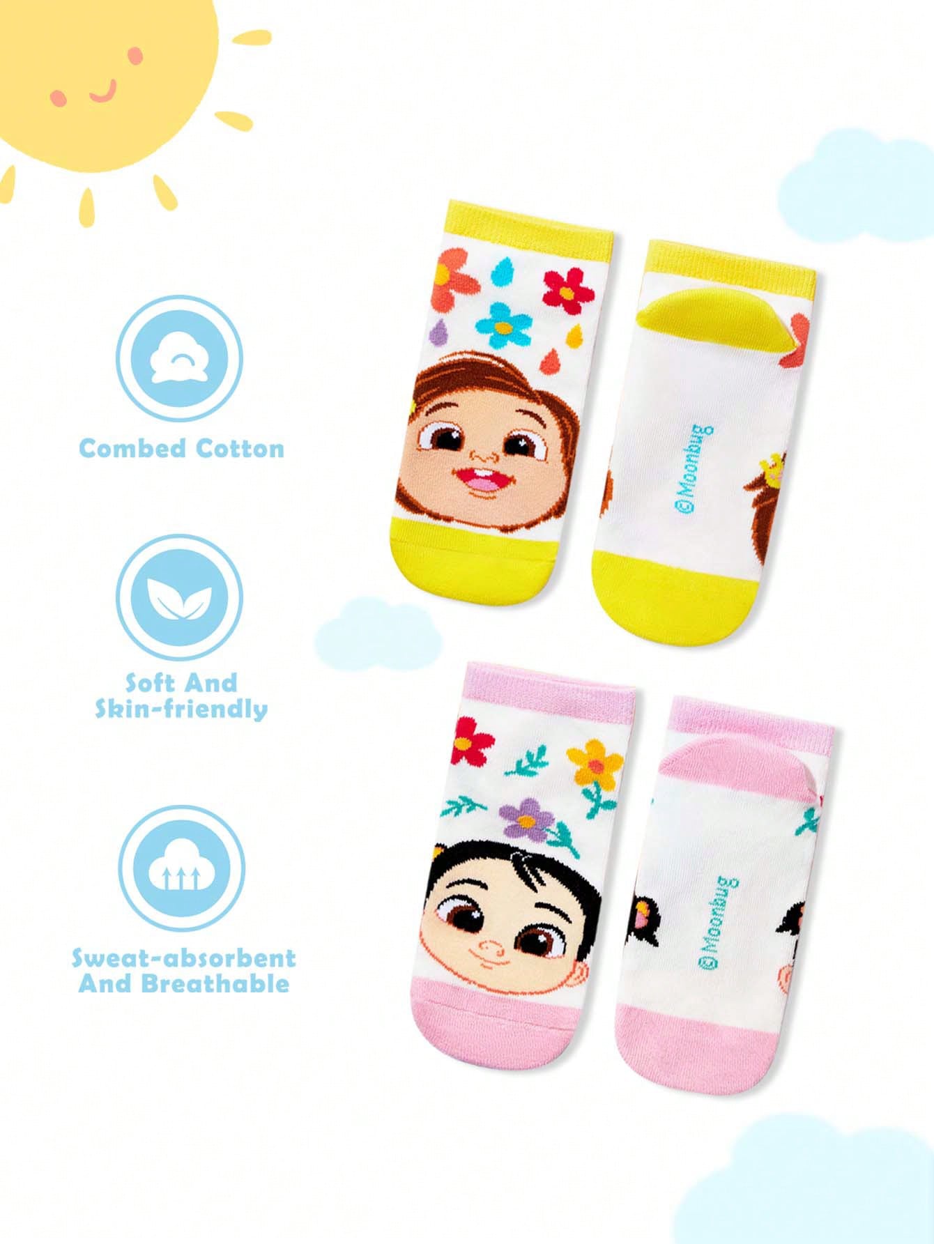 CoComelon X  2 Pairs Cute Cartoon Character & Floral Pattern Contrast Color Kids Socks