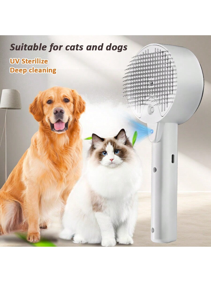 1pc, Spray Hair Removal Comb For Cats And Dogs, Multifunctional Pet Hair Cleaner, UV Sterilization Deep Cleaning Pet Hair Brush, Stainless Steel Comb For Cats And Dogs, Non-Slip Hair Comb, Coconut Oil No-Clean Serum Spray, USB Charging, White/Pink Fashio