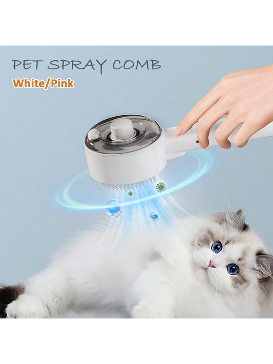 1pc, Spray Hair Removal Comb For Cats And Dogs, Multifunctional Pet Hair Cleaner, UV Sterilization Deep Cleaning Pet Hair Brush, Stainless Steel Comb For Cats And Dogs, Non-Slip Hair Comb, Coconut Oil No-Clean Serum Spray, USB Charging, White/Pink Fashio