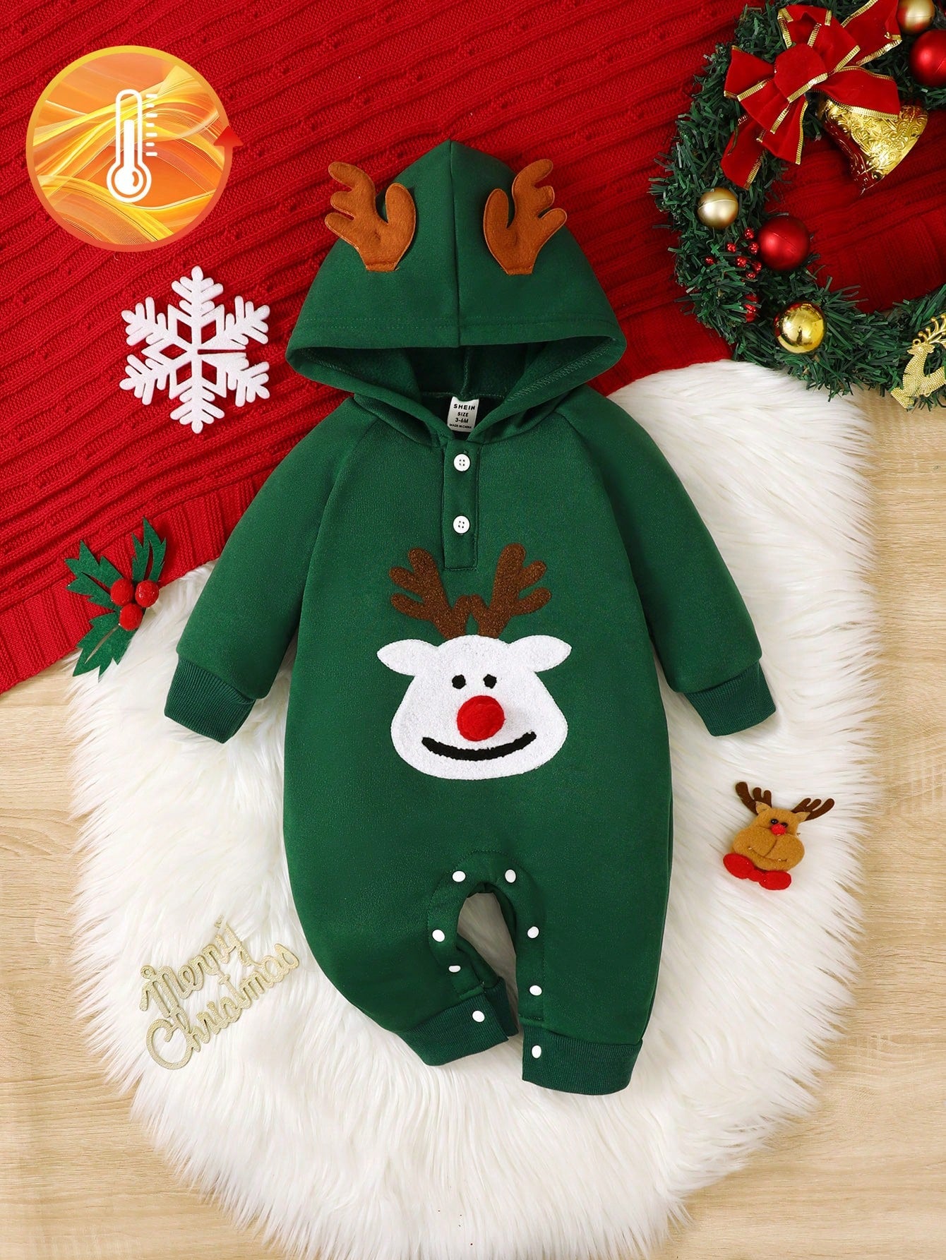 Christmas Party Cute Deer Embroidery Autumn And Winter New Baby Clothes Christmas Red Hooded Romper Jumpsuit Toddler Infant Baby Girl Boy Playsuit Plush Sweatshirt Fabric Winter Thick Outfits(0-24M)