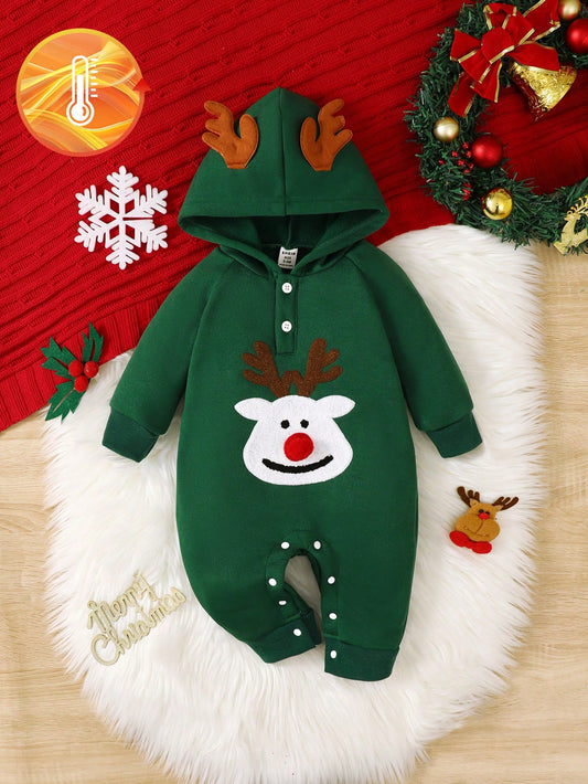 Christmas Party Cute Deer Embroidery Autumn And Winter New Baby Clothes Christmas Red Hooded Romper Jumpsuit Toddler Infant Baby Girl Boy Playsuit Plush Sweatshirt Fabric Winter Thick Outfits(0-24M)