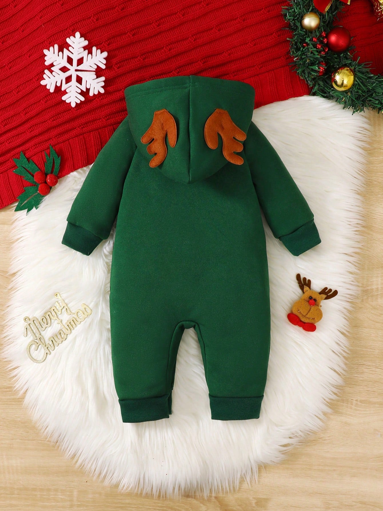 Christmas Party Cute Deer Embroidery Autumn And Winter New Baby Clothes Christmas Red Hooded Romper Jumpsuit Toddler Infant Baby Girl Boy Playsuit Plush Sweatshirt Fabric Winter Thick Outfits(0-24M)