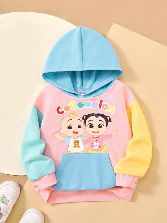 CoComelon X  Young Girl Cartoon Friends Graphic Colorblock Cute Pullover Hoodie, Casual