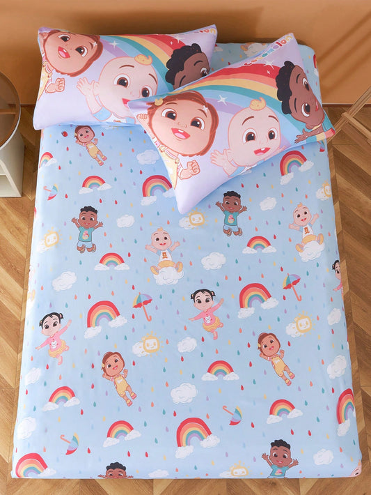 CoComelon X  All-Over Cartoon Character & Rainbow Pattern Fitted Sheet