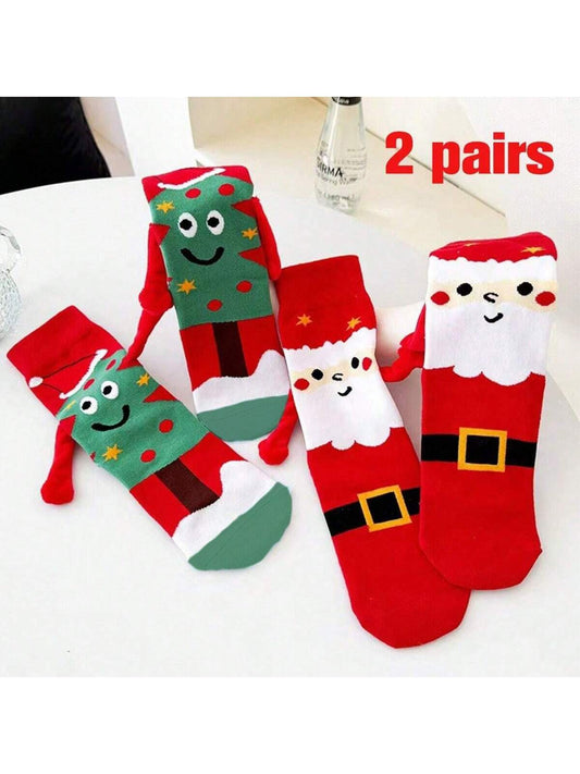 2 Pairs Women's Christmas Pattern Red & White Santa Claus Reindeer Ears Comfortable Crew Socks, Fashionable For Christmas Party And Everyday
