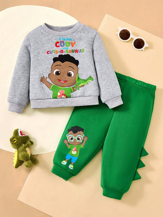 CoComelon X  2pcs/Set Baby Boy Cartoon Cute Dinosaur Print Contrast Color Knit Crew Neck Fleece Sweatshirt & Sweatpants Outfit