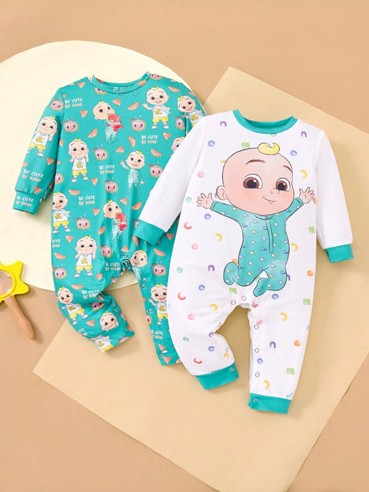 CoComelon X  2pcs Baby Boy Cartoon Print Knitted Round Neck Jumpsuit , Autumn/Winter