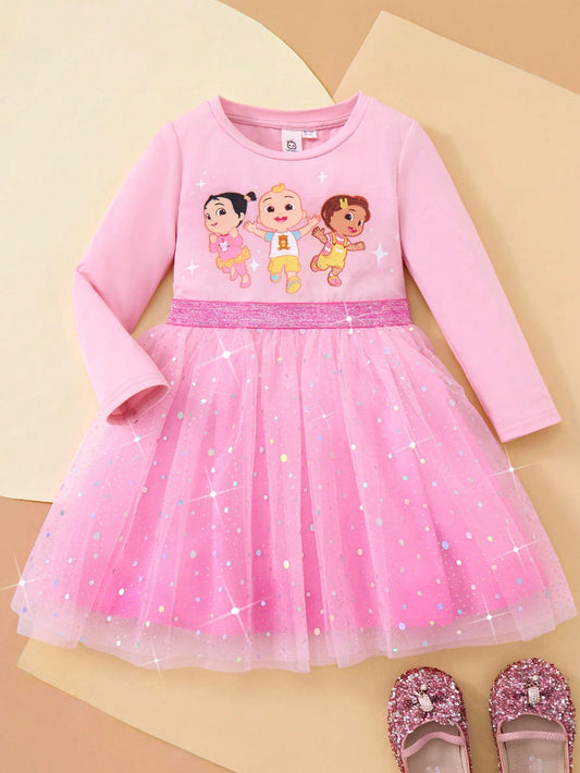 CoComelon X  Young Girl Cartoon Best Friend Print Gradient Mesh Adorable Sweet Pink Long Sleeve Dress,Vacation Party Casual A-Line Dress, Suitable For Birthday Gift, Party, Banquet, Christmas Party, Casual Daily Life, Stage Show