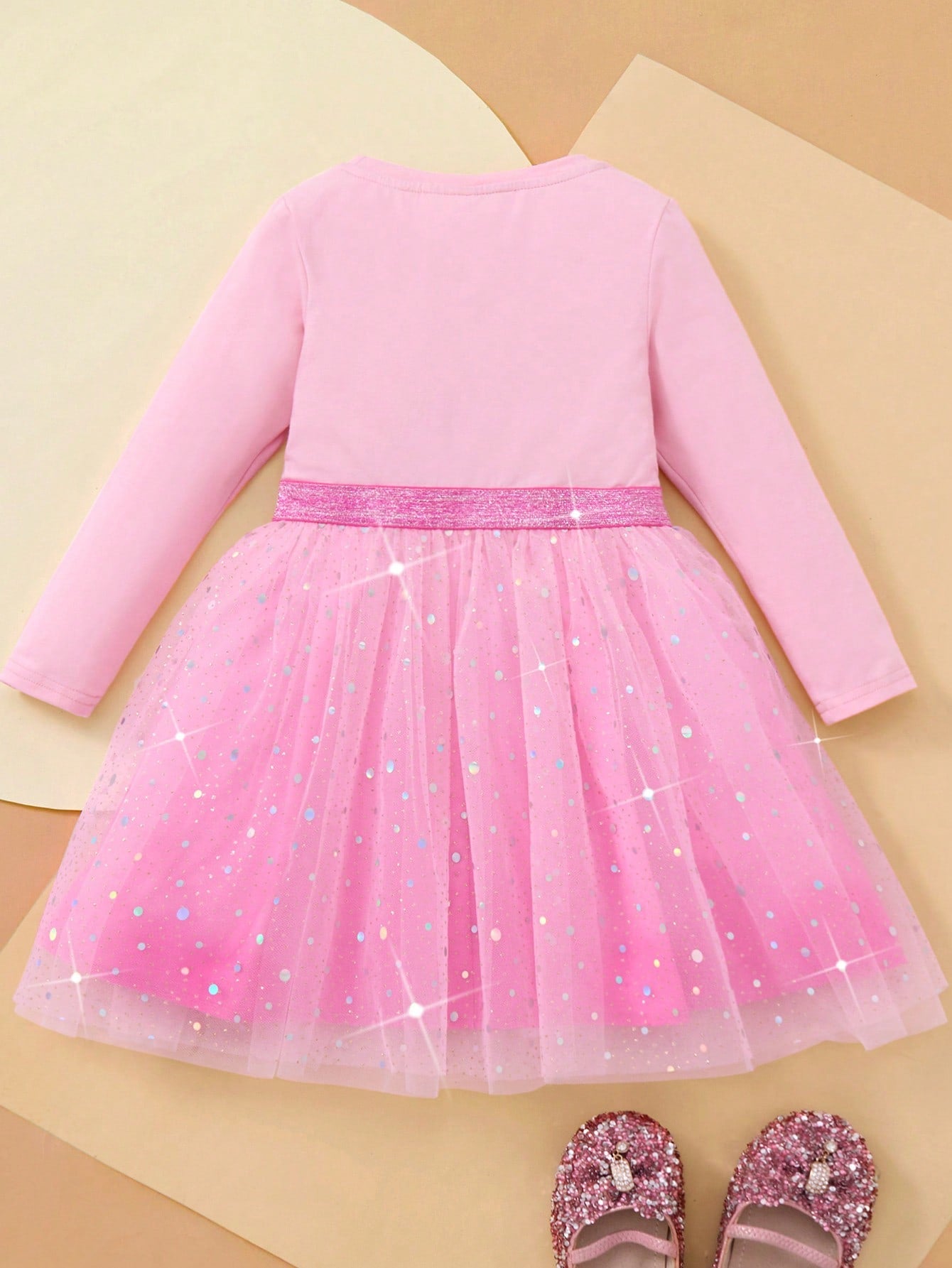 CoComelon X  Young Girl Cartoon Best Friend Print Gradient Mesh Adorable Sweet Pink Long Sleeve Dress,Vacation Party Casual A-Line Dress, Suitable For Birthday Gift, Party, Banquet, Christmas Party, Casual Daily Life, Stage Show