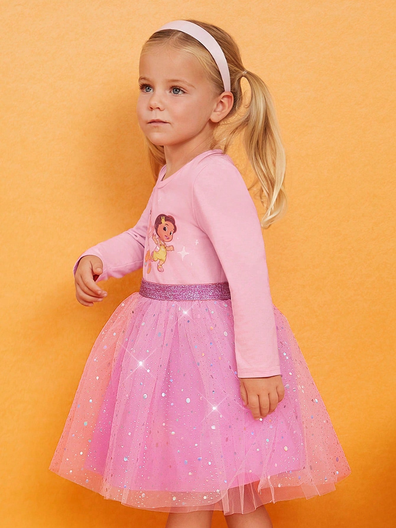 CoComelon X  Young Girl Cartoon Best Friend Print Gradient Mesh Adorable Sweet Pink Long Sleeve Dress,Vacation Party Casual A-Line Dress, Suitable For Birthday Gift, Party, Banquet, Christmas Party, Casual Daily Life, Stage Show