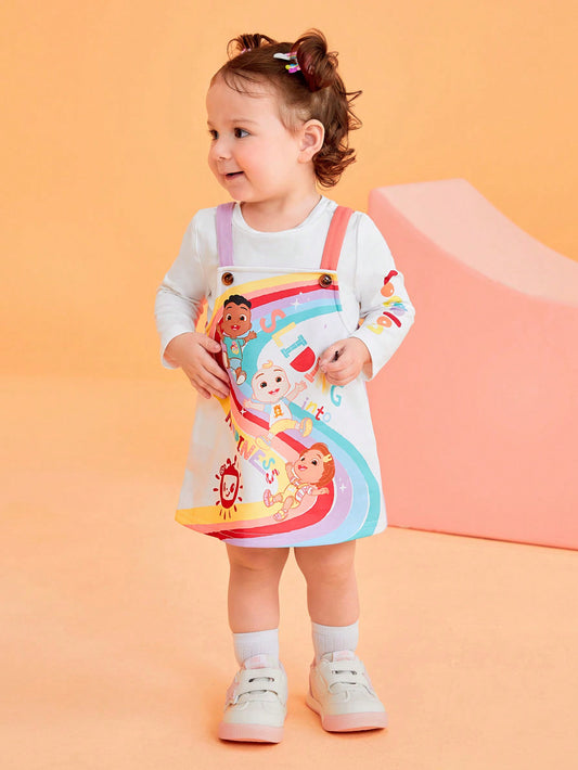 CoComelon X  2pcs/Set Baby Girl Cartoon Character & Rainbow Letter Print White Long Sleeve Top And Colorful Cute Pinafore Dress