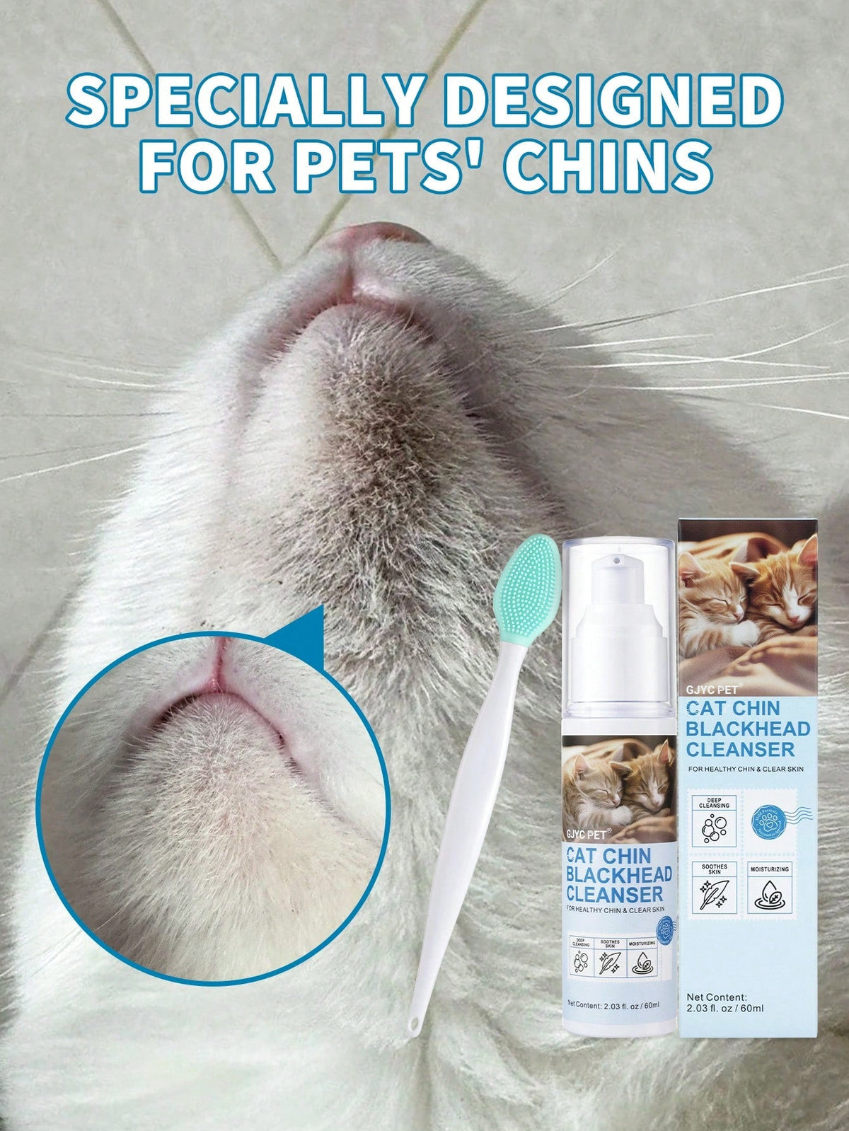 GJYC PET Cat Chin Care Kit: Blackhead Cleanser & Clean Brush Combo - Gentle Skincare For Feline Chin Acne Relief & Clearer Skin, 2.03(Fl Oz)