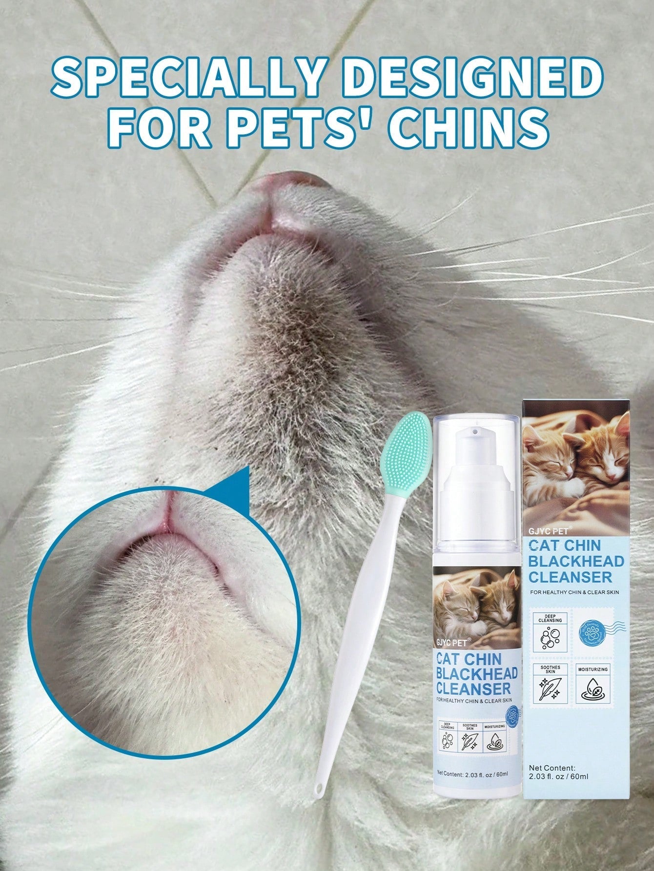 GJYC PET Cat Chin Care Kit: Blackhead Cleanser & Clean Brush Combo - Gentle Skincare For Feline Chin Acne Relief & Clearer Skin, 2.03(Fl Oz)