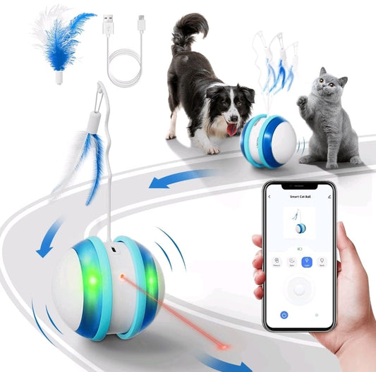 Interactive smart cat toy,latest 360 degree self-rotating ball , app control intelligent cat ball, pet toy with light and feather for indoor cat/small dog