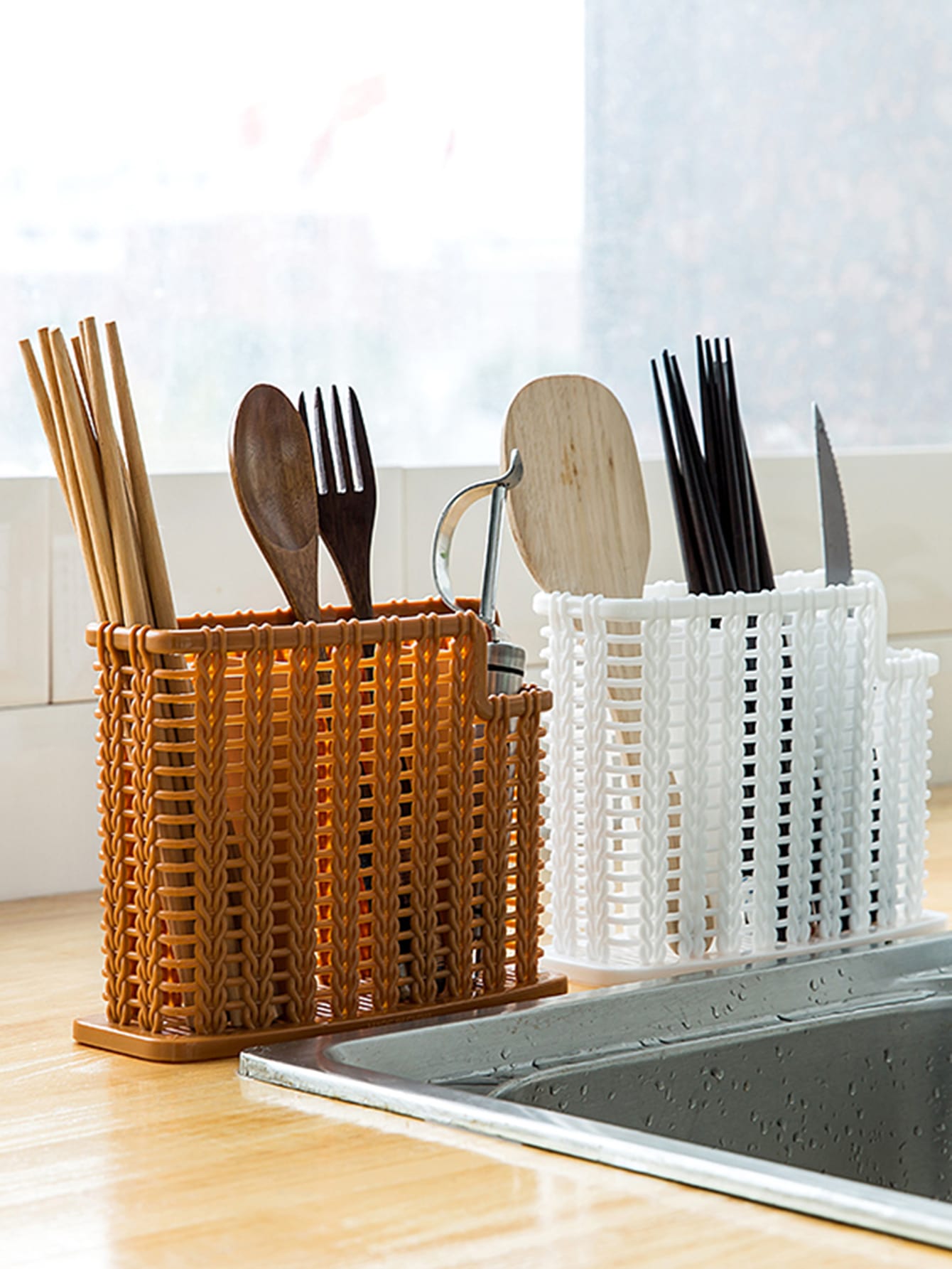 1pc Random Color Rattan Design Chopsticks Cage Plastic Tableware Drain Rack For Kitchen