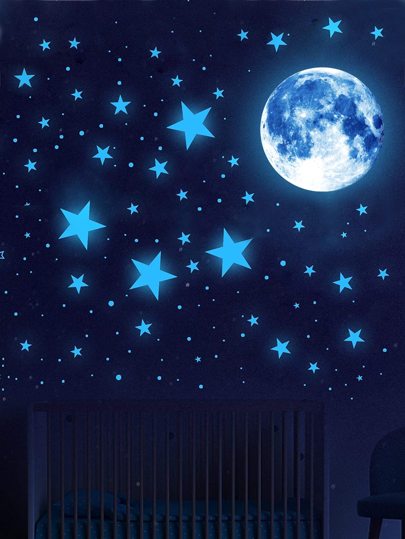 Star Moon Print Wall Sticker Glow In The Dark Blue Galaxy Wall Decal For Kids Bedroom Decor