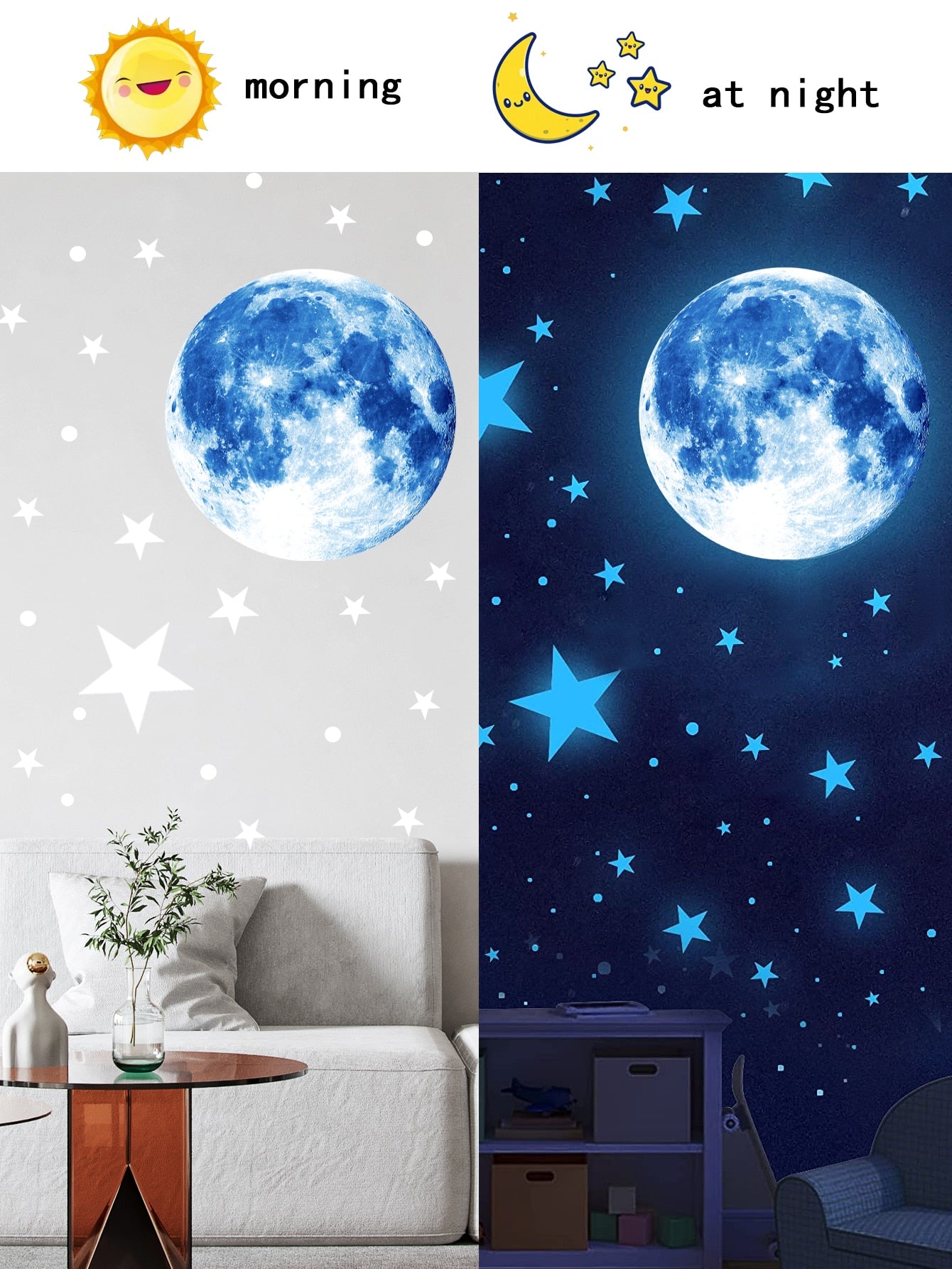 Star Moon Print Wall Sticker Glow In The Dark Blue Galaxy Wall Decal For Kids Bedroom Decor