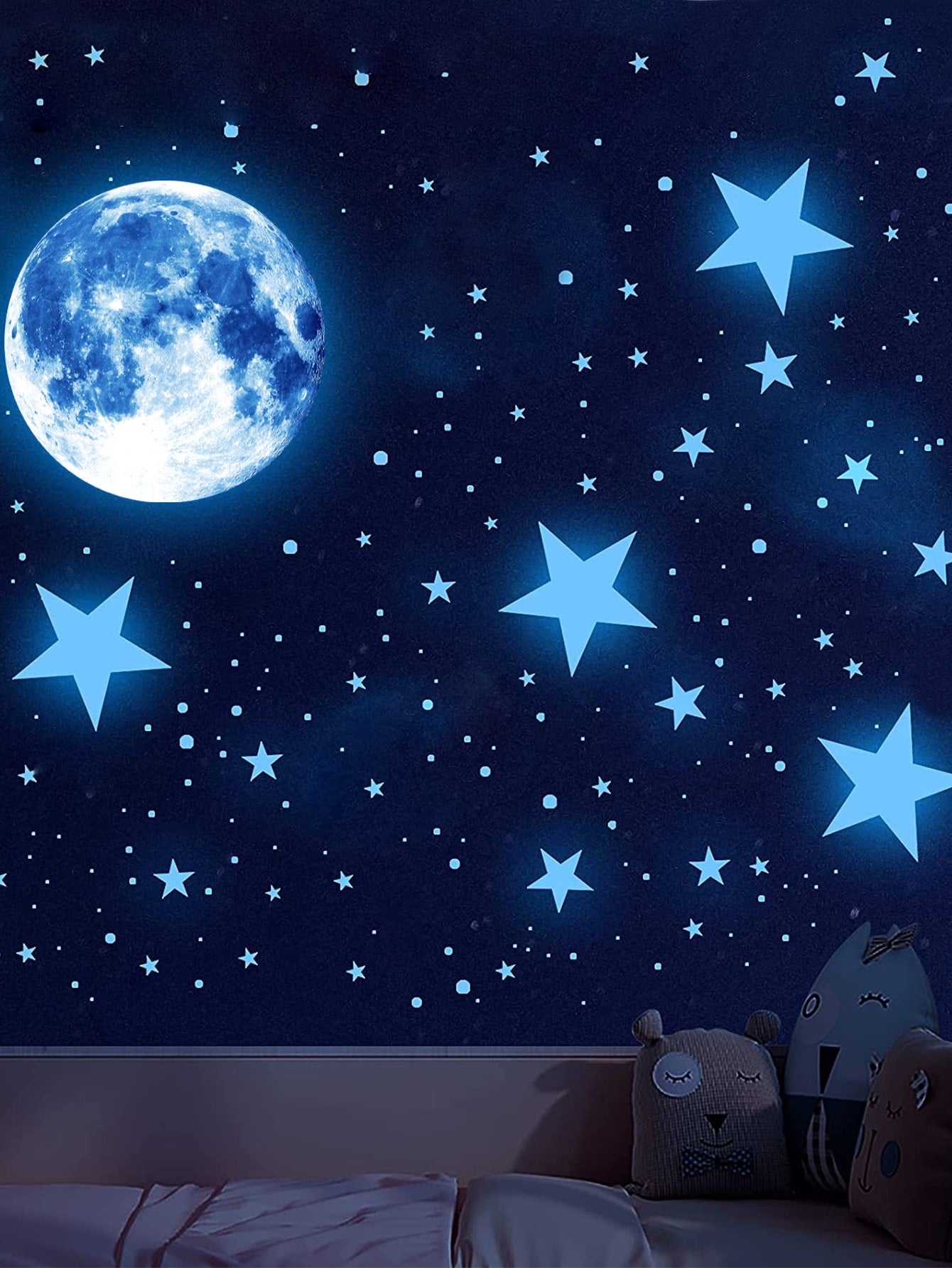 Star Moon Print Wall Sticker Glow In The Dark Blue Galaxy Wall Decal For Kids Bedroom Decor