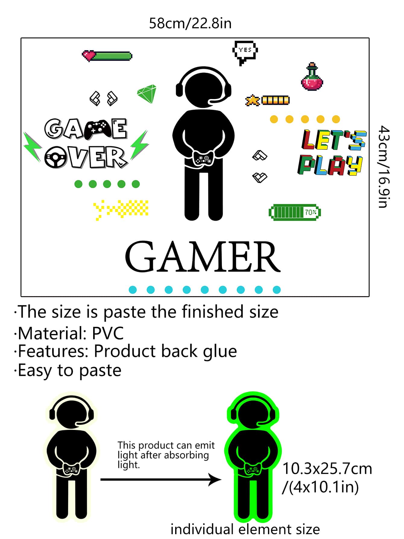 Gamer Pattern Glow In The Dark Wall Sticker