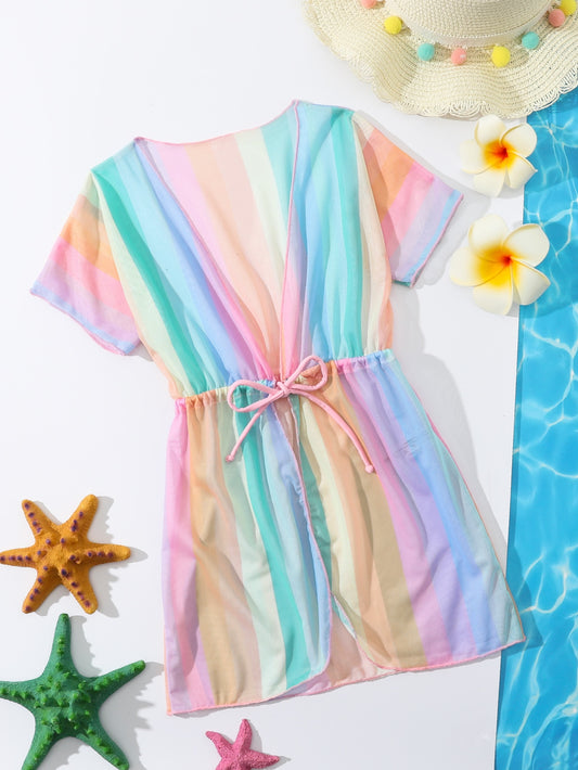 Toddler Girls Colorful Striped Drawstring Waist Kimono