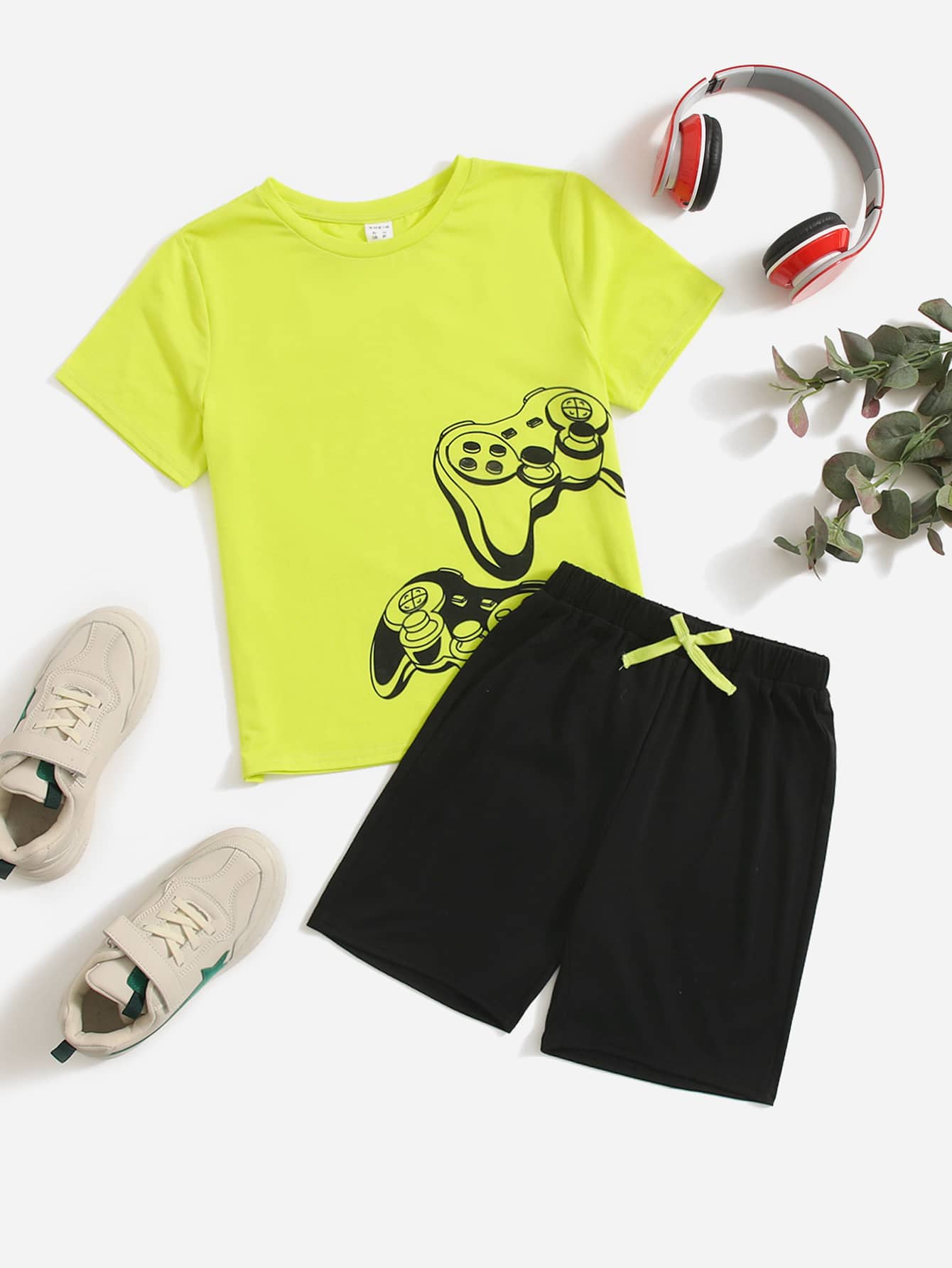 Boys Neon Lime Gamepad Print Tee Bow Front Shorts
