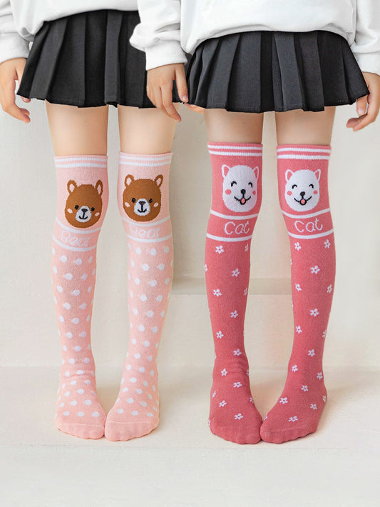 2pairs Toddler Girls Bear & Floral Pattern Over The Knee Socks
