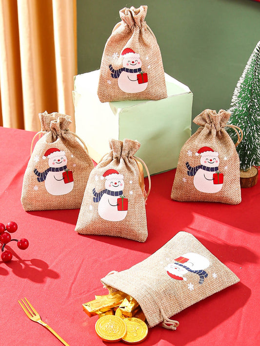 4pcs Christmas Snowman Pattern Drawstring Packaging Bag