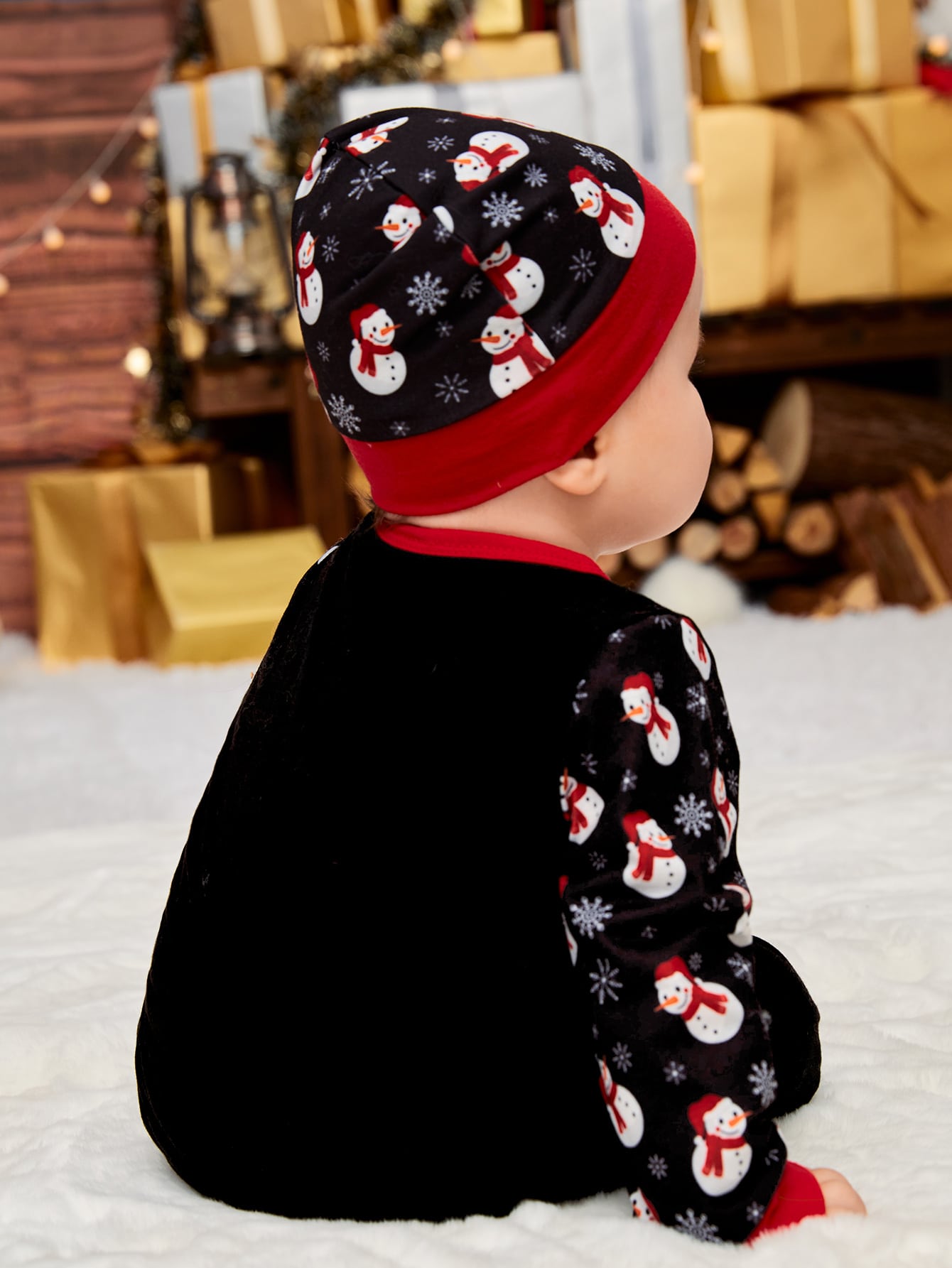 Baby Christmas Snowman Letter Graphic Jumpsuit Hat