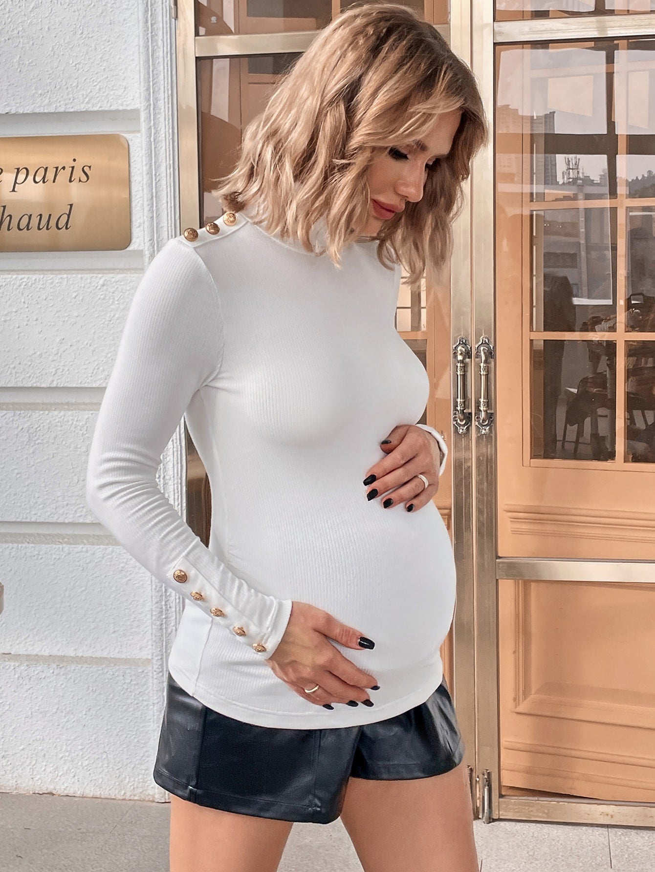 Maternity Button Detail Ribbed Knit Tee