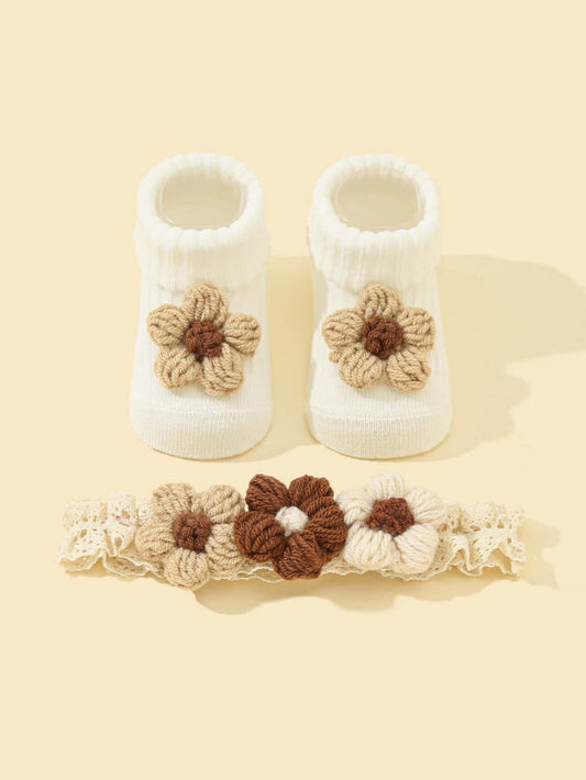 1pair Baby Floral Decor Socks 1pc Hair Band