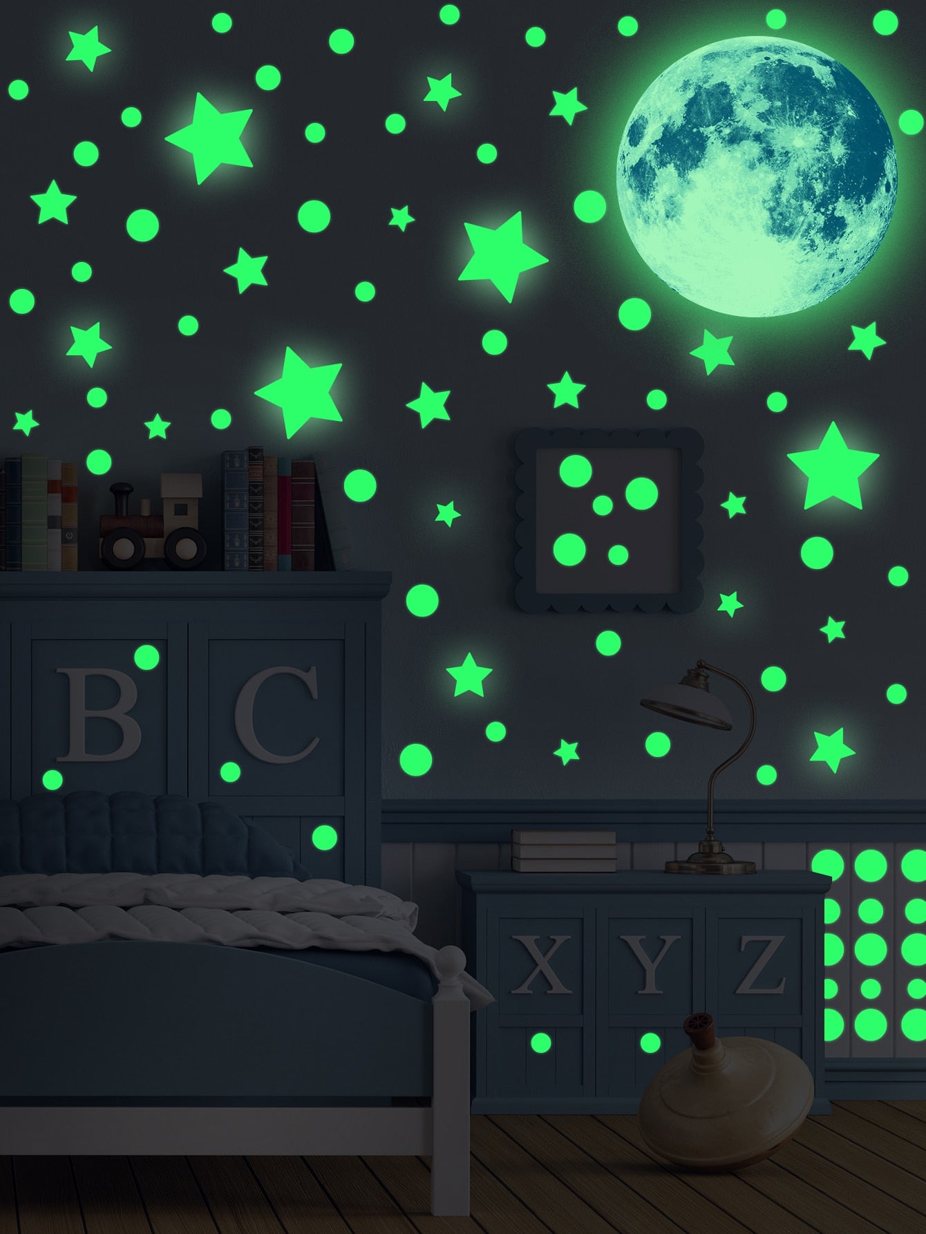 Star Moon Print Wall Sticker Glow In The Dark Blue Galaxy Wall Decal For Kids Bedroom Decor