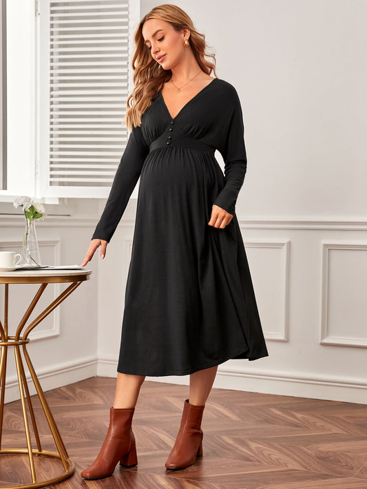Maternity Solid V Neck Dress