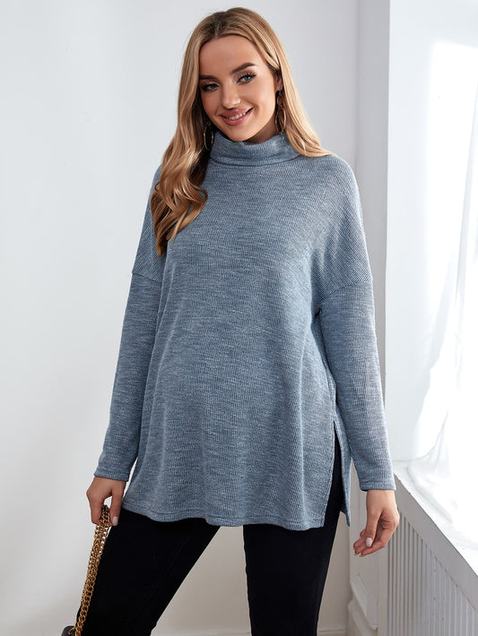 Maternity Turtle Neck Drop Shoulder Slit Hem Tee